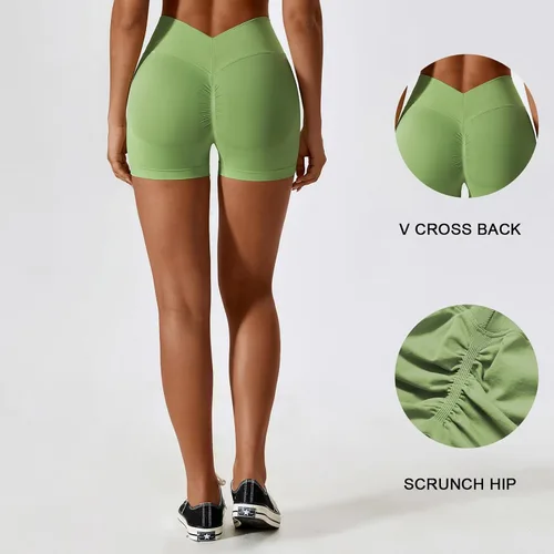 Vista 4 de Adisputent Pantalones cortos de gimnasio para mujer con levantamiento de glúteos, pantalones cortos de entrenamiento en V cruzado, sin costuras