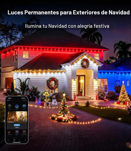 Vista 2 de Guirnalda de luces permanentes para exteriores, 50 pies RGBW+IC Smart LED aleros luces impermeables IP67, aplicación y control remoto, iluminación