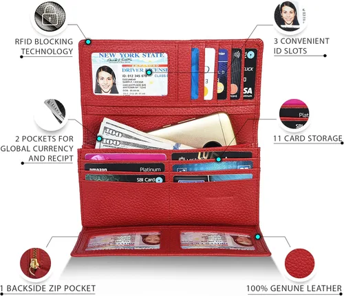 Vista 7 de Carteras de piel con bloqueo RFID, para cheques, con 11 ranuras para tarjetas, para mujer