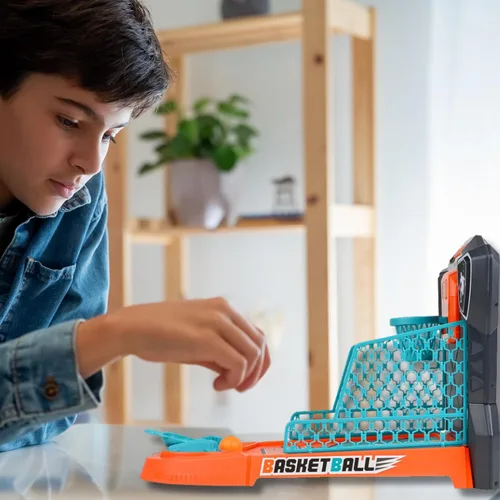 Vista 3 de Juego de baloncesto de mesa: mini arcada de escritorio compacta, juego de escritorio para interiores con puntuación electrónica, luces y sonido