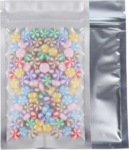 Vista 27 de 100 bolsas de sellado con cremallera resellables de papel metálico de color transparente esmerilado para ventana (negro, soporte 2 onzas)