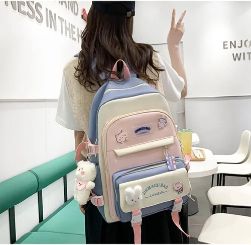 Vista 6 de Juego de 5 mochilas kawaii con colgante de oso y alfileres - Kit de mochila de conejito de anime japonés con diseño de retazos, Azul, Japonés