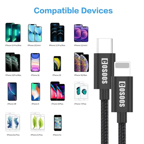 Vista 7 de COSOOS 2 cables cortos USB-C a iPhone (10 pulgadas/10.2 in) de nailon trenzado, cable de sincronización de carga rápida, cable de alimentación