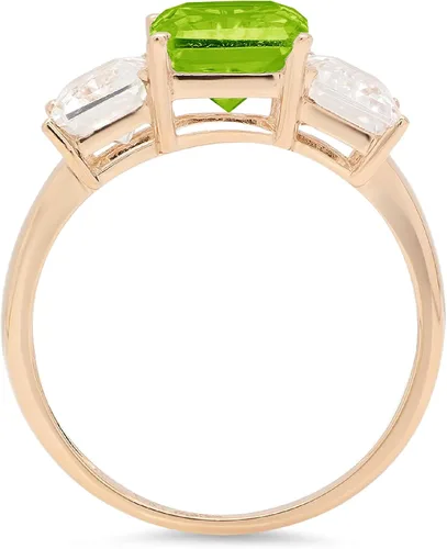 Vista 2 de Solitario de 3 piedras de corte esmeralda brillante de 3.94 quilates con diseño de acento de diseño auténtico, peridoto verde vivo, piedra preciosa