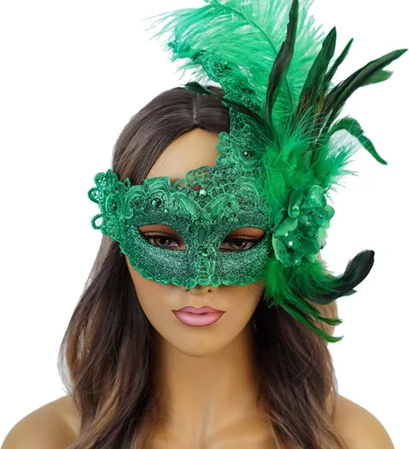 Vista 14 de Máscara de plumas burlesque, máscara de encaje de Mardi Gras para mujer, disfraz de plumas de pavo real, máscara de brocado veneciano