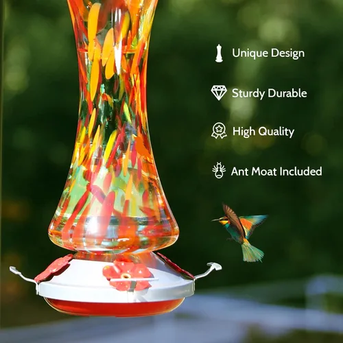 Vista 5 de Comedero de vidrio para colibríes para exteriores: regalo de colibríes naranjas para colgar en ventana para mujeres, foso de hormigas incluido, base