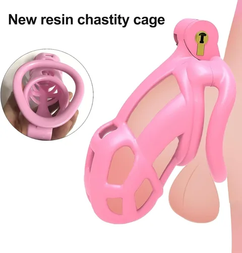 Vista 2 de Jaula de castidad rosa masculina 3.0, dispositivo de castidad masculina con 4 anillos para el pene, jaula ligera de resina para hombre para pene