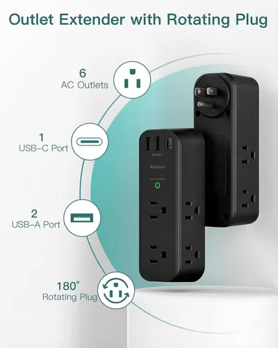 Vista 2 de Addtam Extensor de salida protector de sobretensiones con enchufe giratorio, 6 salidas de CA y 3 puertos USB, regleta de alimentación de pared