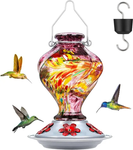 Vista 15 de BOLITE - Alimentador de colibríes, de vidrio soplado a mano, para colgar en exteriores, con trampa para hormigas y 5 puertos de alimentación, 22