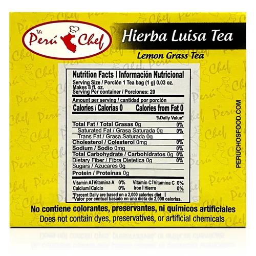 Vista 2 de Perú chef Te Hierba Luisa 20 Sobres Filtrantes 20 Bolsitas de Té de Hierba Limón de Perú