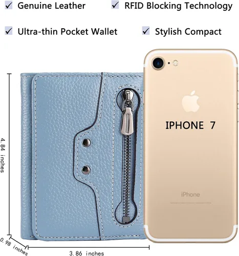 Vista 4 de AINIMOER Cartera pequeña de piel para mujer, delgada, compacta, con bloqueo RFID, con bolsillo para monedas, Bloqueo Rfid de Lichee Gray Blue