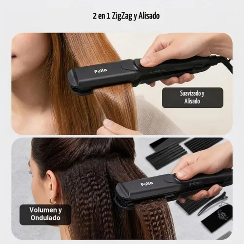 Vista 2 de Pulla Crimpadora de pelo para mujer, herramienta de crimpado de cerámica 4 en 1, plancha plana Cerámica de turmalina para volumen, elevación