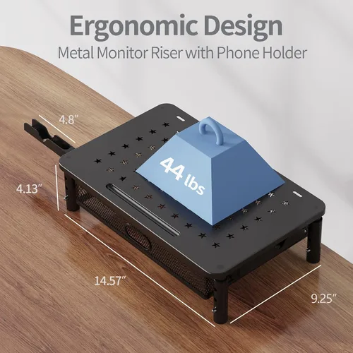 Vista 2 de Zimilar Soporte elevador para monitor con cajón de malla metálica, elevador de monitor de altura ajustable con soporte para teléfono