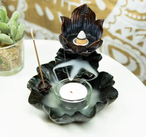 Vista 7 de Ebros Gift Feng Shui Zen Buddha Ohm Símbolo Sagrado Flor de Loto en Cascada Torre de incienso y Quemador de cono de reflujo y Figura de portavelas