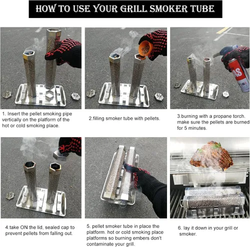 Vista 4 de Paquete de 2 tubos de ahumador de pellets de 12 pulgadas, tubo de humo para ahumador de pellets con una bandeja de acero inoxidable, 5 horas de humo