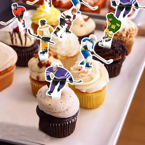 Vista 7 de 48 piezas de decoración de cupcakes de hockey para jugador de hockey sobre hielo para fiestas temáticas de hockey sobre hielo, fiestas temáticas