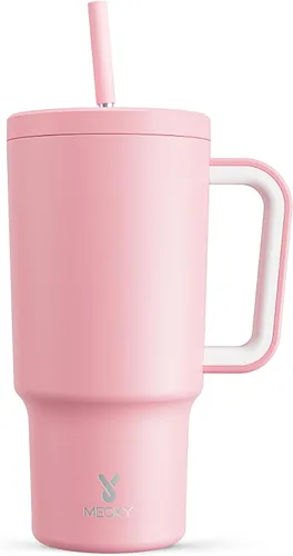Vista 48 de Meoky - Vaso de 30 oz con asa, tapa y pajilla, taza de viaje térmica de acero inoxidable 100% a prueba de fugas, para portavasos, mantiene el frío