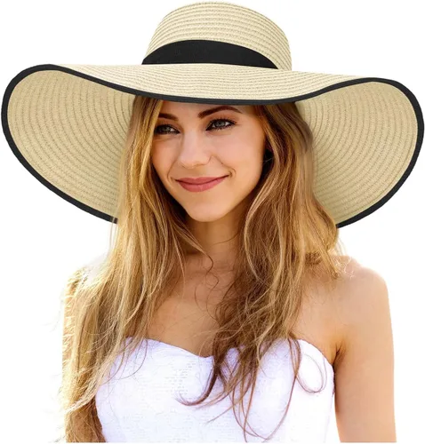 Vista 8 de Sombreros de sol flexibles para mujer, sombrero de playa de paja de ala Caqui