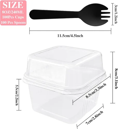 Vista 2 de Qyyiguf 100 piezas de vasos de plástico para postres con tapas y cucharas, vasos cuadrados de parfait de 8 onzas, recipientes desechables