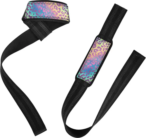 Vista 2 de Rainbow Gradient Leopard Print Lifting Wrist Straps for Weightlifting, Bodybuilding, Strength Training Padded Neoprene