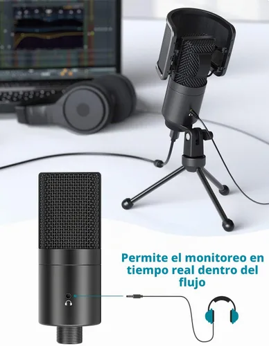 Vista 5 de FIFINE Micrófono USB de computadora de escritorio con filtro pop para computadora y Mac, micrófono de condensador de estudio con perilla