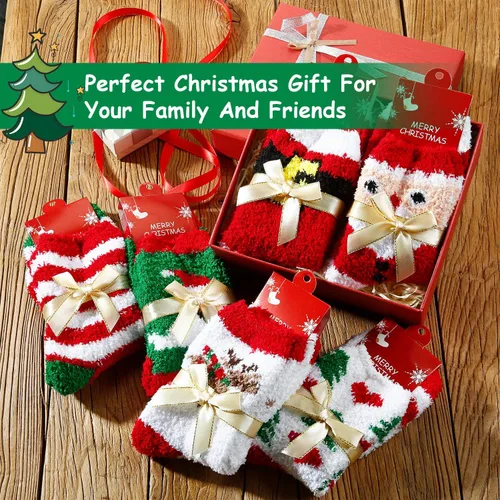 Vista 2 de 6 pares de calcetines de Navidad mullidos para mujer, calcetines de Navidad, calcetines cálidos de regalo de invierno, Multicolorido