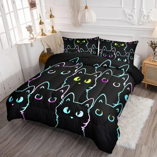 Vista 2 de Axolotl - Juego de ropa de cama para niños con diseño de gatos de dibujos animados tamaño individual, juego de edredón con líneas degradadas y lindo