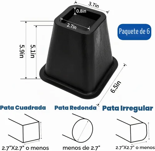 Vista 3 de Paquete de 6 elevadores grandes para muebles de cama, de 6 pulgadas, resistentes para sofá, silla, gabinete, escritorio, plástico ABS alto
