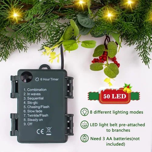 Vista 6 de Guirnalda de Navidad con luces, decoraciones de Navidad para interiores, guirnalda de Navidad artificial preiluminada para árbol de Navidad