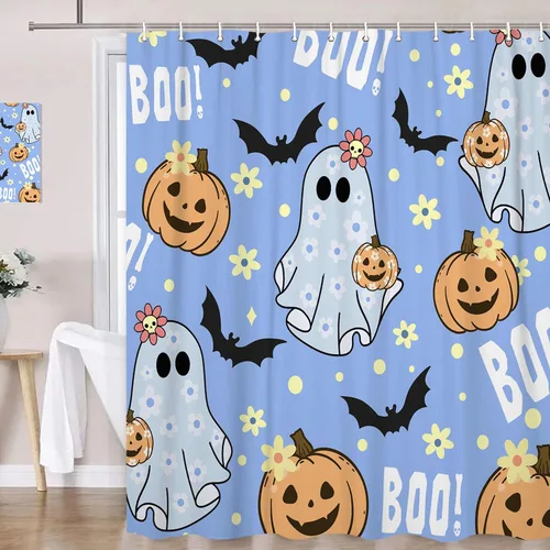 Vista 10 de Halloween Haunted Graveyard Shower Curtains, Horror Forest Shower Curtain for Bathroom, Scary Pumpkin Lantern Tombstone Skull Fabric Waterproof
