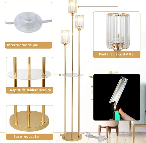 Vista 5 de HMVPL Lámparas de pie doradas para sala de estar, lámpara de pie moderna con estantes, lámparas de pie de cristal con mesa, lámpara alta de latón