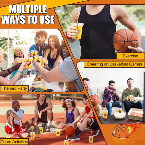 Vista 4 de Sieral 36 vasos de plástico de baloncesto de 12 onzas con tapas, popotes y calcomanías, desechables, transparentes, diseños deportivos