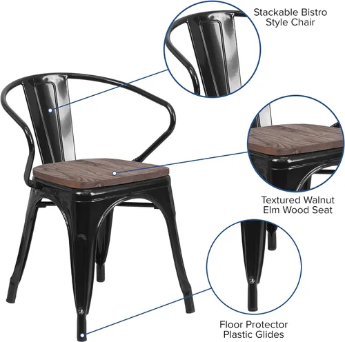 Vista 4 de EMMA + OLIVER Silla de metal negro con asiento y brazos de madera