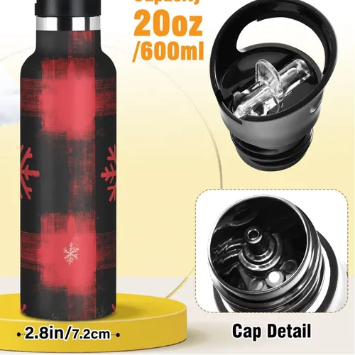 Vista 2 de Kids Water Bottle for School, Kids Water Bottle Stainless Steel for Travel or School 20 Oz, BPA-Free, Red Snowflakes Black Buffalo Plaid