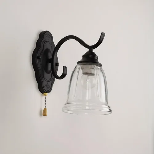 Vista 5 de Lámpara de pared con interruptor de cadena E27, retro, para dormitorio, mesita de noche, apliques de pared con pantalla de metal y vidrio, acabado