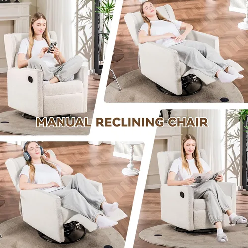 Vista 5 de COMHOMA Mecedora para Cuarto de Bebé Teddy Tapizada Mecedora Giratoria Reclinable Manual Deslizante Silla Reclinable para Sala de Estar Dormitorio