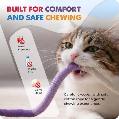 Vista 4 de Jozy Cuerda masticable para gatos, 4 piezas de juguete masticable para gatos con hierba gatera natural recargable, juguetes interactivos