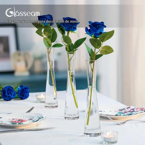 Vista 4 de Glasseam - Jarrones de cristal para flores: juego de jarrones pequeños y delgados transparentes de 6 piezas 7.8" Tall, Table Centerpieces for
