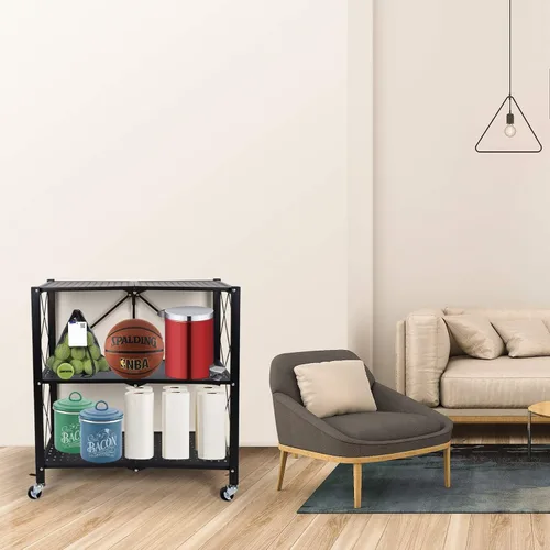 Vista 2 de HealSmart Estantería de metal plegable de 3 niveles con ruedas, estantes organizadores para garaje y cocina con capacidad de hasta 750 libras