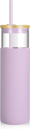 Vista 53 de Tronco Vaso de vidrio de 28 onzas con tapas y pajilla, taza reutilizable para café helado y vaso para batidos con tapa de bambú, funda de silicona