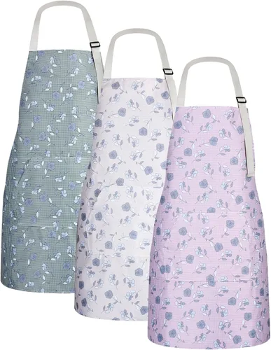 Vista 9 de Paquete de 3 delantales florales impermeables para mujer, correa ajustable con bolsillo, multiusos para cocina, arte, jardín