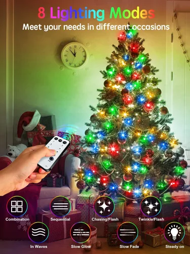 Vista 3 de Acan - 300 luces LED para Navidad al aire libre, 115 pies, luces multicolores para árbol de Navidad con control remoto, 8 modos de iluminación