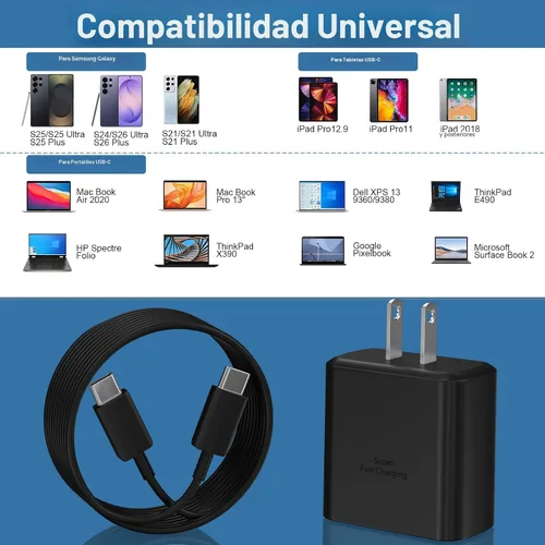 Vista 5 de Cargador rápido USB C de 45 W, cargador súper rápido de 45 vatios tipo C con cable de carga rápida Android de 6.6 pies para Samsung Galaxy S26