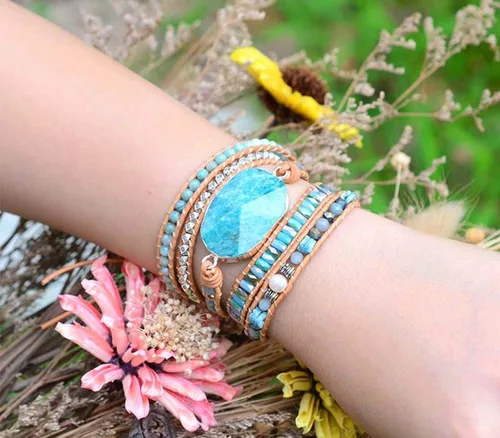 Vista 122 de ZOSOJONA - Pulseras bohemias hechas a mano de piedra natural, que dan vuelta, con cuentas de cristal de turquesa
