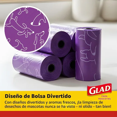 Vista 5 de Bolsas perfumadas para residuos de Glad para mascotas, bolsas de recogida de caca de mascotas resistentes a roturas con protección contra fugas