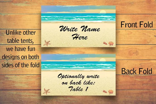 Vista 3 de Tarjetas de lugar con nombre de playa, 25 tarjetas de identificación para asientos de invitados, tiendas de campaña de playa y mesa tropical