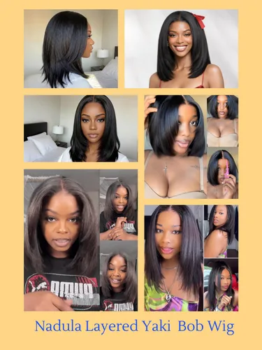 Vista 6 de Nadula Yaki - Peluca de cabello humano lacio estilo Bob con cordón y capas de enmarcar la cara, densidad del 180%, sin pegamento, 7x5 Bye Bye Knots