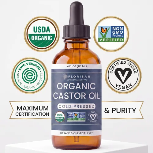 Vista 3 de Florisan Aceite de ricino orgánico botella de vidrio de 4 onzas, prensado