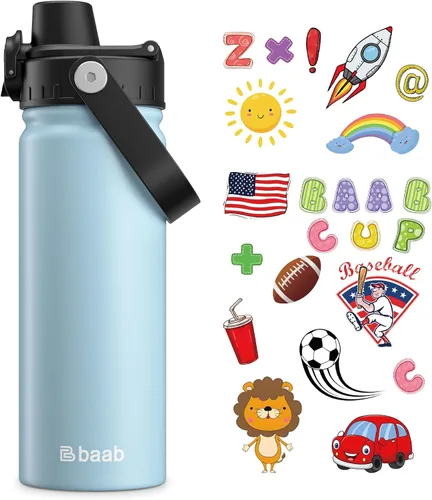 Vista 17 de baab Botella de Agua para Niños de 18 oz, Botella de Agua Aislada para Niños con Tapa de Boquilla Bloqueable y Calcomanías, Taza de Agua para Niños