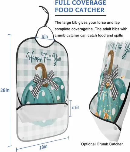 Vista 2 de Turquoise Pumpkin Adult Bib for Eating with Crumb Catcher,Washable & Waterproof Terry Cloth Adjustable Elderly Women Men Adult Bibs Funny Apron